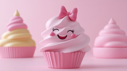 Adorable Pink Cupcake with a Happy Face and Bow