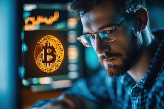 blockchain entrepreneur working with crypto dashboard in high-tech office environment, soft digital glow - Powered by Adobe