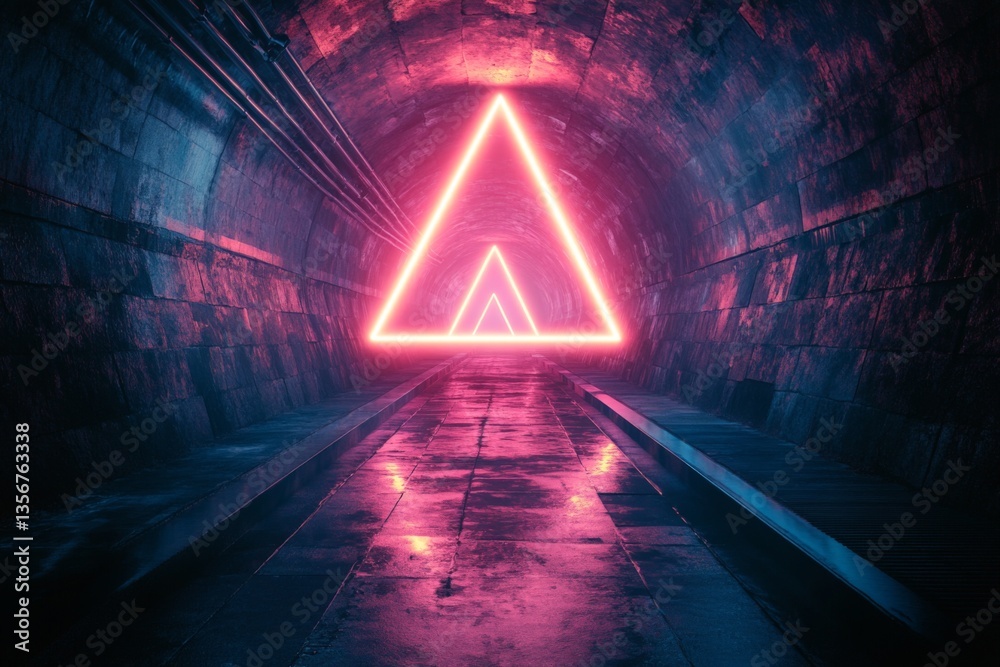 Poster illuminated triangle shapes casting vibrant reflections in an underground tunnel at night