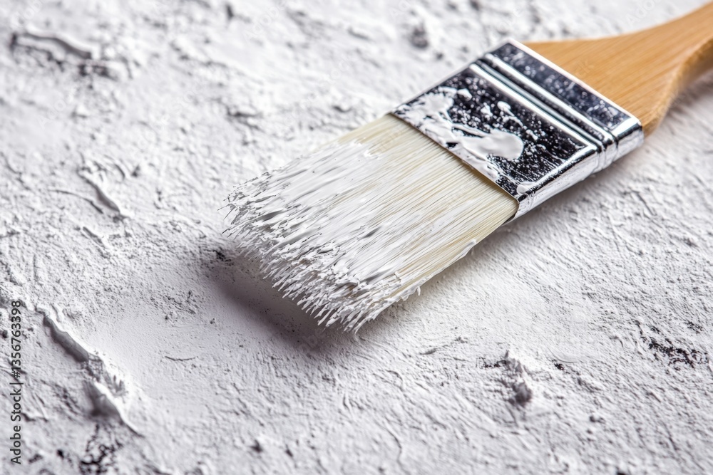 Poster painting process with brush and white texture for home improvement project in a bright setting