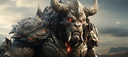 Epic War Wild minotaur cleric giant Robot with an armoured safir crystal, ai generative