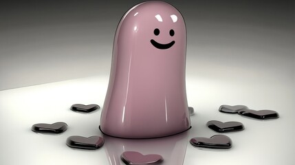 Happy Ghost with Hearts: A 3D Render of a Smiling Pink Figure Surrounded by Black Hearts