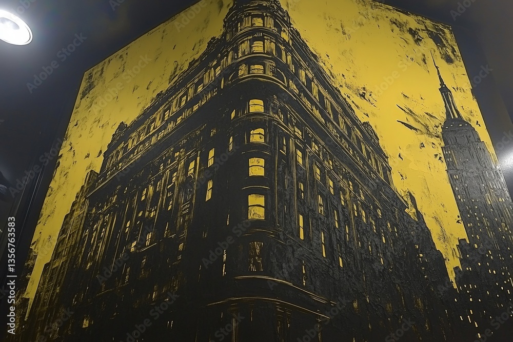 Poster building mural with black and yellow colors located in an urban area showcasing architectural design