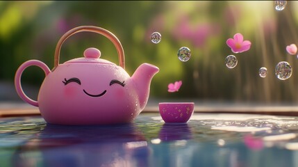 Joyful Teapot and Cup by the Poolside