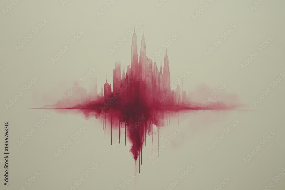 Poster Abstract artistic representation of a city skyline merging with a soundwave pattern in striking red tones