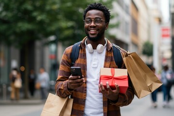 Student, phone and shopping bag in city travel, walking and search for student deal, discount or online sale. Happy african man with retail gift and mobile app, social media and chat in urban street