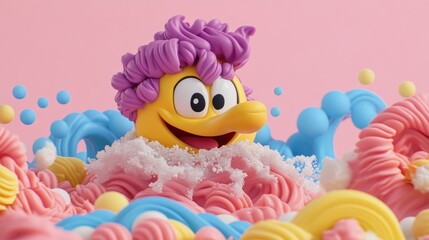 Happy Duck in a Whimsical, Colorful Bath
