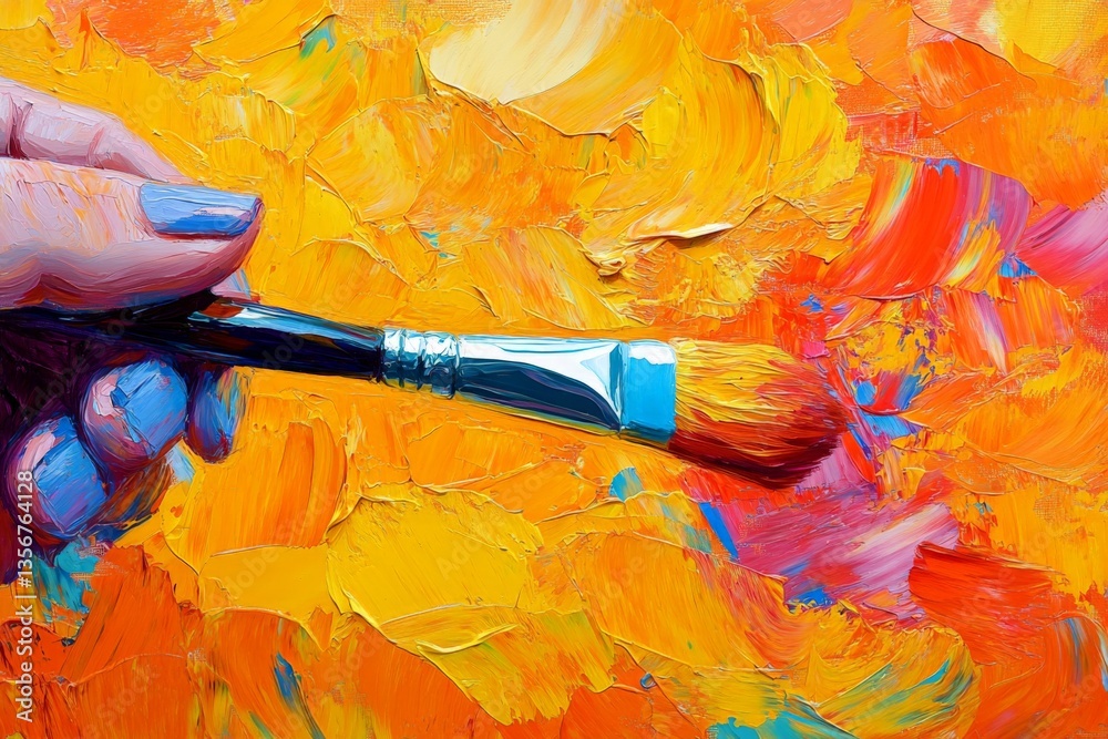 Aufkleber hand holding a brush applying paint on a vibrant abstract canvas in a bright art studio