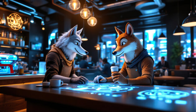 Two anthropomorphic animals enjoying conversation at a coffee shop cafe - Powered by Adobe