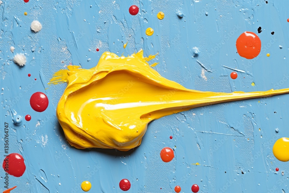 Poster vibrant yellow paint swirls on a blue canvas surrounded by colorful paint droplets creating a playfu