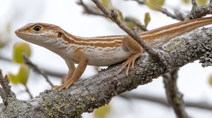 Naklejka premium Lizard on Branch, Forest Habitat, Alert Posture, Wildlife Close-up