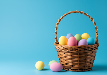 Naklejka premium A charming woven basket overflows with colorful pastel Easter eggs against a bright blue backdrop.
