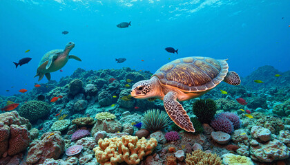 Fototapeta premium Sea turtles swimming among colorful coral reefs