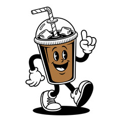 Vector cartoon iced coffee cup character walking happily