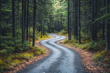 Naklejka premium Curving pathway through a dense forest during early morning with soft light filtering through the trees