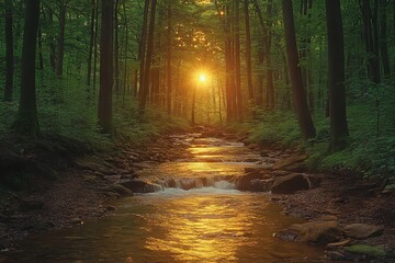 Naklejka premium Golden sunlight filters through trees over a serene forest stream at dusk