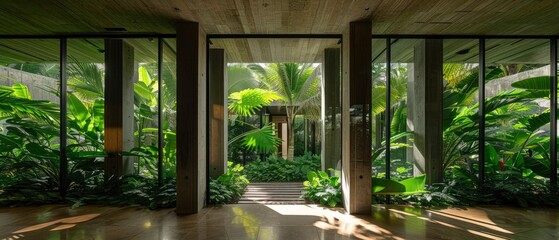Fototapeta premium Modern architectural interior with lush greenery visible through large glass doors, serene atmosphere