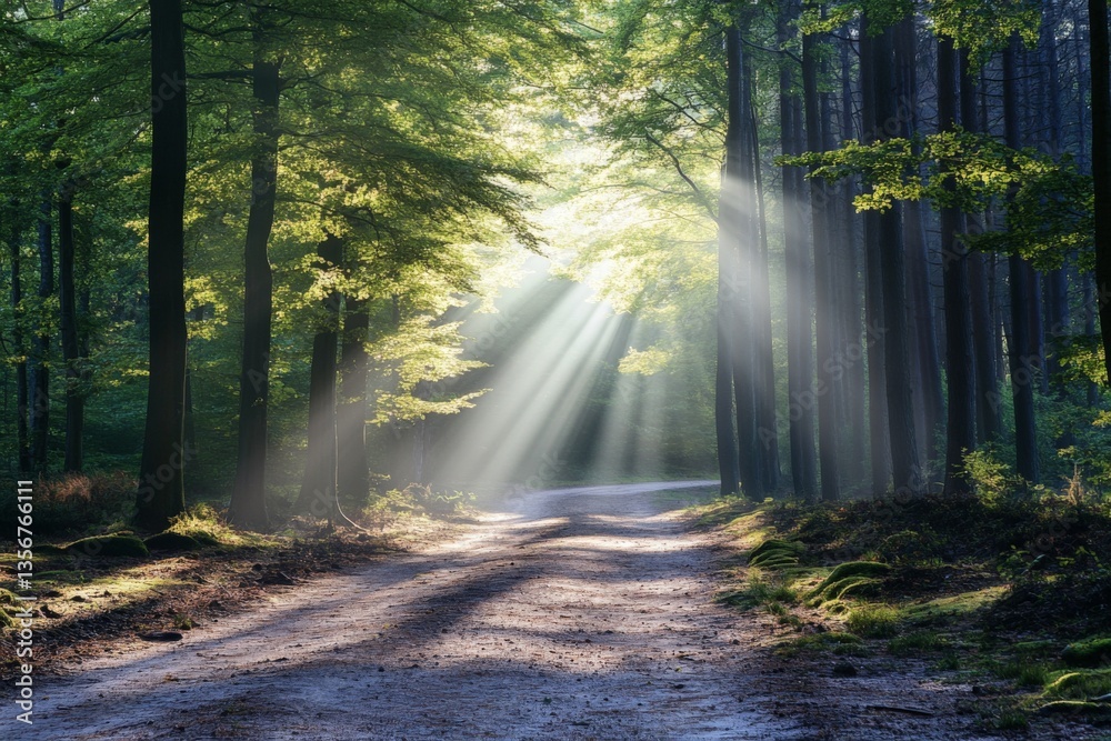 Poster Sunlight filters through trees in a serene forest landscape at dawn, casting enchanting shadows on a dirt path