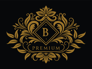 Exquisite Monogram: A luxurious golden emblem, intricate floral flourishes encircle a central letter "B" within a diamond, exuding elegance and premium quality on a dark backdrop.