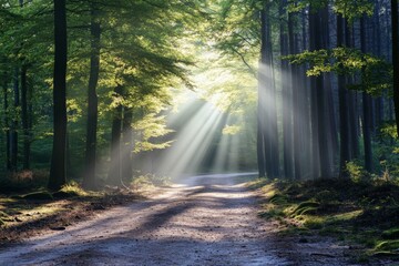 Naklejka premium Sunlight filters through trees in a serene forest landscape at dawn, casting enchanting shadows on a dirt path