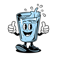 Happy anthropomorphic glass of water with a smiling face, arms, and shoes giving thumbs-up on a white background