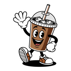 Cheerful cartoon iced coffee cup character with a straw and ice cubes