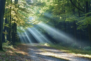 Fototapeta premium Sunlight filters through trees illuminating a serene forest path during early morning hours