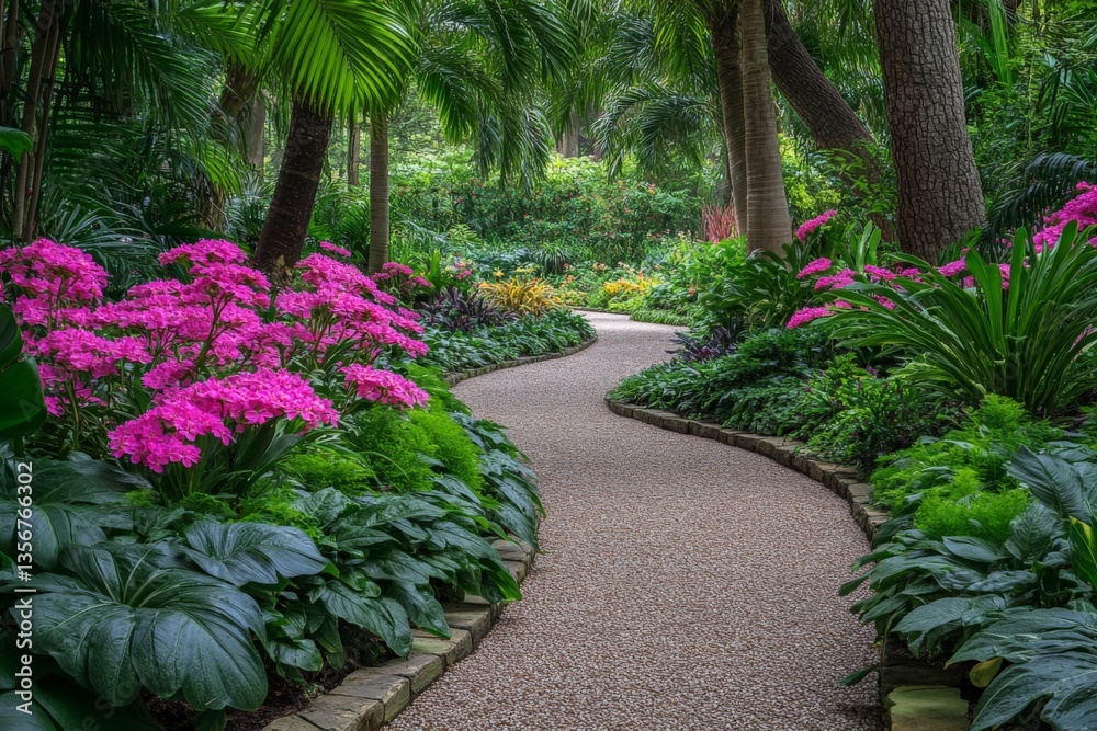 Poster beautiful garden path surrounded by vibrant flowers and lush greenery in a tranquil botanical settin