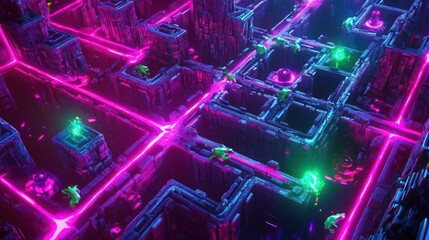 Neon Cityscape Labyrinth: Futuristic Cyberpunk Digital Art
