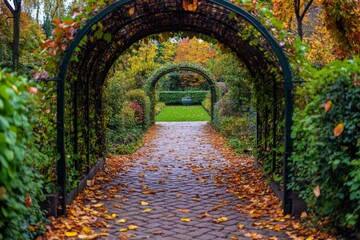 Obraz premium Pathway lined with autumn leaves and greenery in a tranquil garden at midday