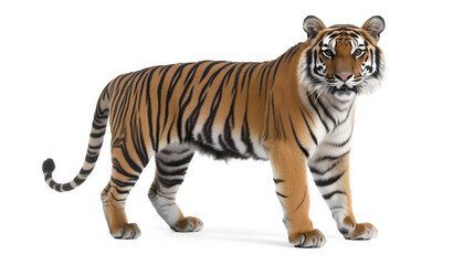 Fototapeta premium A realistic depiction of a majestic tiger, showcasing its distinctive orange coat and black stripes, standing confidently