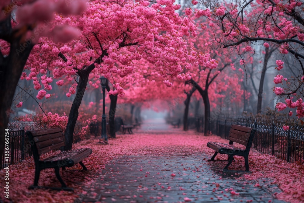 Poster cherry blossom trees create a stunning pathway in an early spring park surrounded by calm beauty and