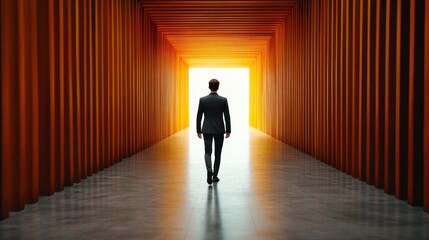 Business person walking toward bright light at the end of a clean modern hallway, symbol of breakthrough