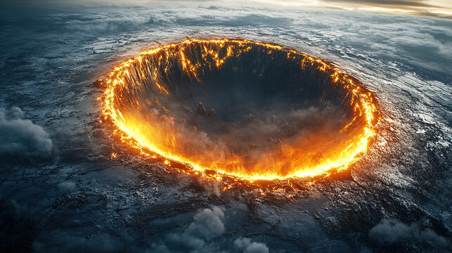 Ancient asteroid crater with glowing edges, showcasing dramatic climate shifts and prehistoric impact.