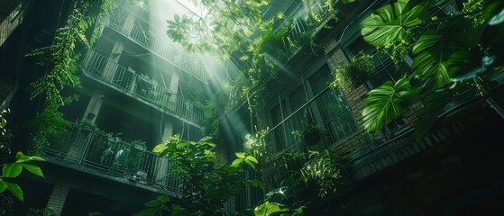 Obraz premium Lush green courtyard filled with plants, sunlight streaming down, creating a serene urban oasis
