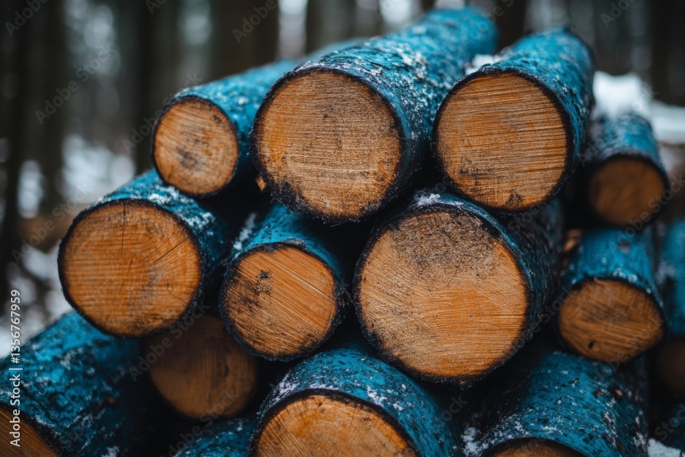 Poster Logs stacked in a snowy forest creating a serene and rustic atmosphere during winter season