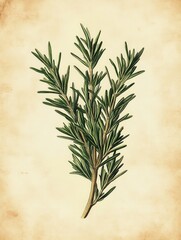 Detailed Botanical Illustration of Rosemary Sprig on Vintage Textured Paper Background Herbaceous Freshness