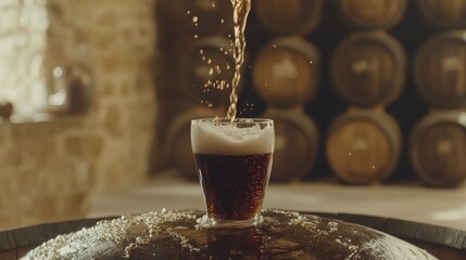 Pouring Dark Beer into Glass in a Historic Cellar