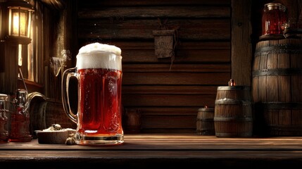 A Frothy Mug of Amber Ale in a Rustic Tavern