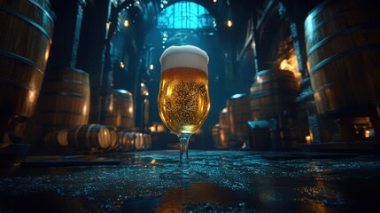 A Glass of Golden Beer in a Dark Brewery Cellar