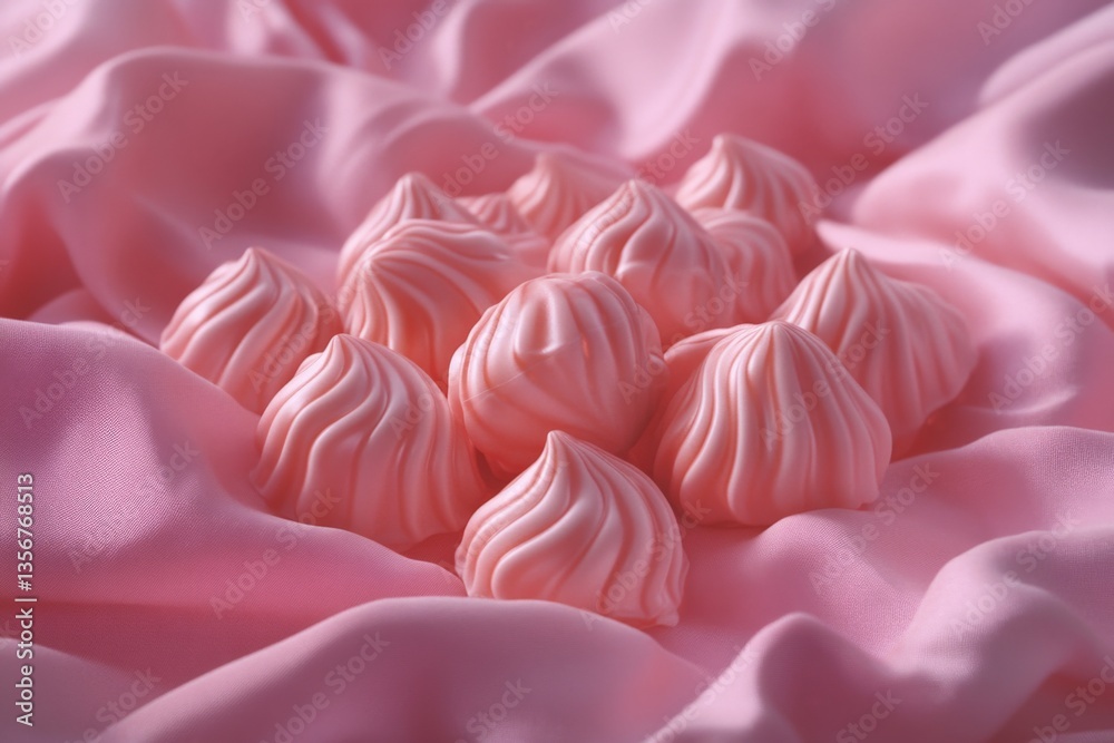 Poster delicate pink meringues arranged elegantly on soft fabric create a sweet and inviting dessert displa