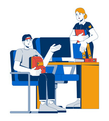 Asian young man filing police report with officer 2D cartoon characters. Blonde policewoman with case files, korean guy with backpack flat vector people isolated on white. Spot illustration colorful