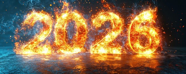 A fiery representation of the year "2026," displayed with vibrant flames against a dark background, symbolizing energy and transformation.