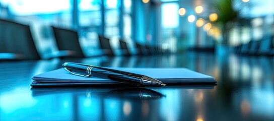 A sleek pen rests on a stack of papers, reflecting soft blue light in a modern, spacious workspace with blurred background elements.