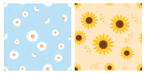 Seamless pattern with daisies and sunflower on blue and yellow backgrounds vector. Cute floral print.