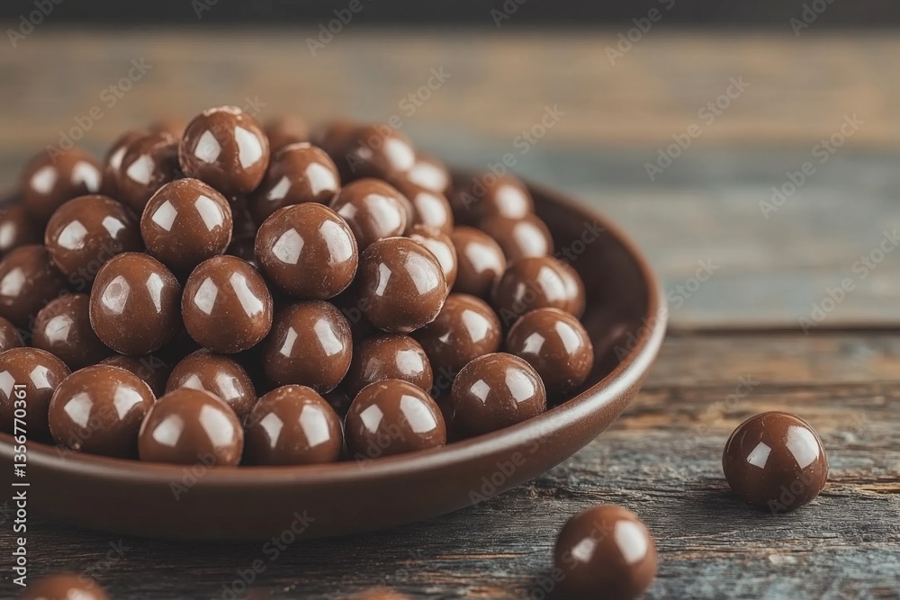 Poster delicious chocolate candy balls arranged on a brown plate on a rustic wooden table