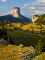 The Vercors High Plateaus and Mont Aiguille in early Autumn at sunset. Vercors Regional Natural...