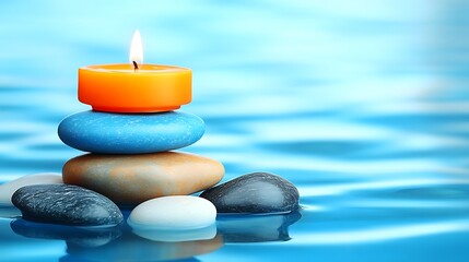 Fototapeta premium Lit candle on balanced stones floating on water.