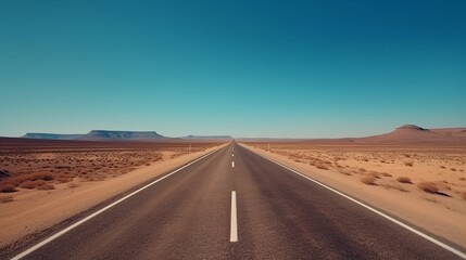 Naklejka premium Desert Road Under Vast Blue Skies Leading to Distant Plateau Mountains in Remote Landscape