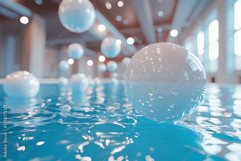 Poster Floating spheres create a serene atmosphere above a shimmering pool in a modern indoor setting during daylight hours